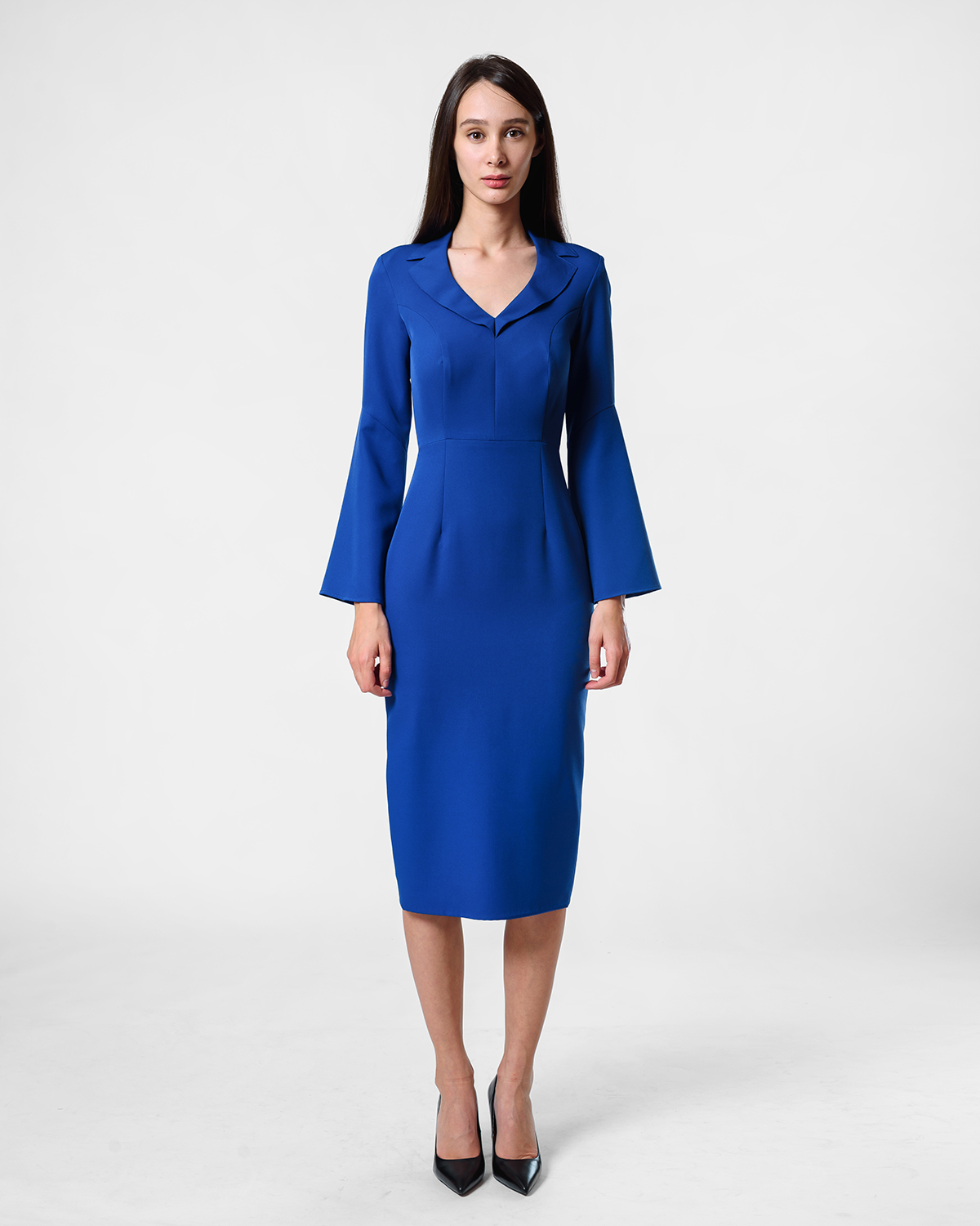 Poslovna plava haljina sa kragnom